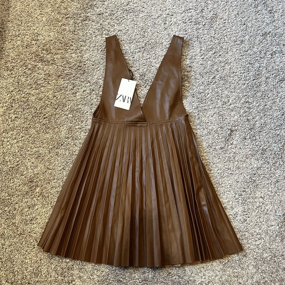 Zara Brown Faux Leather Pleated Strapless Pinafore Dress